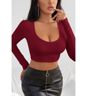 Kadın Bordo Uzun Kol Kare Yaka Crop Top Bluz
