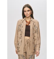 Kadın Oriental Kuş Ve Çiçek Boncuk İşlemeli Oversize Gömlek (Bej)