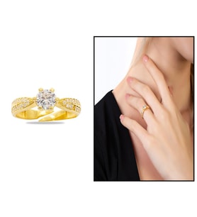 Mikro Zirkon Taş Süslemeli Gold Renk Free Size 925 Ayar Gümüş Kadın Tektaş Yüzük