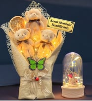 Size Özel Led Işıklı Peluş Ayıcık Buketi ve Led Işıklı Biblolu Fanus Hediye Seti (Model 1)