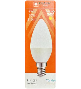 (1 Adet) Osaka 9W (70W) Sarı Işık (3000K) E14 Duylu (İnce Duy) Led Mum Ampul