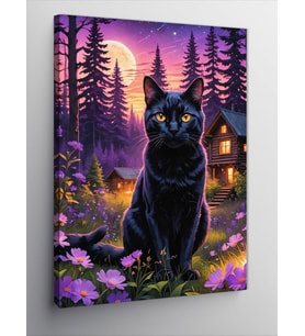 Kanvas Tablo Siyah Kedi Ve Çiçekler