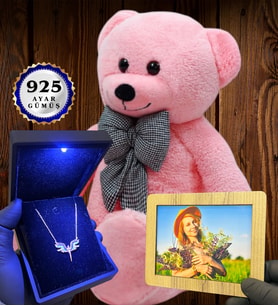 Kişiye Özel Premium Set Büyük Boy Pembe Peluş Ayıcık ve Gerçek 925 Ayar Gümüş Kolye (Model 5)