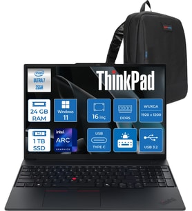 Lenovo Thinkpad E16 Gen 3 Intel Core Ultra 7 255H 24GB Ddr5 1tb SSD Windows 11 Pro Intel Arc 140T 16 Inç Wuxga (1920 x 1200) IPS 300NITS Taşınabilir Bilgisayar 21SR006RTXP08 + Zetta Çanta