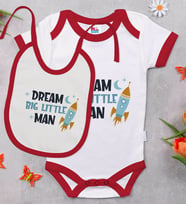 BK Kids Dream Big Little Man Tasarımlı Kırmızı Bebek Body Zıbın ve Mama Önlüğü Hediye Seti-1
