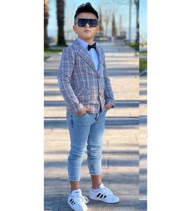 Erkek Çocuk Kırmızı Çizgili Blazer Ceket Kot Pantolon Alt Üst Takım (Gri)