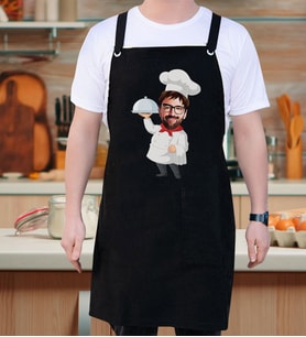 BK Gift Kişiye Özel Karikatürlü Chef Tasarımlı Profesyonel Siyah Mutfak Önlüğü, Aşçı Önlüğü, Şef Önlüğü, Arkadaşa Hediye-1