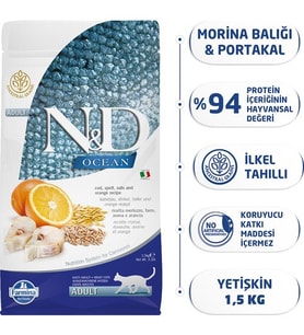 N&D Ocean Düşük Tahıllı Morina Balıklı Portakallı Yetişkin Kedi Maması 1,5kg