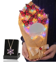 Renkli Led Işıklı Aynalı Kelebek Buketi ve Gerçek Ametist Taşlı Lotus Kolye (Kırmızı)