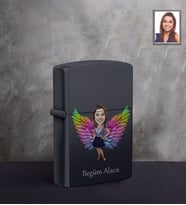 Kişiye Özel Melek Anne Karikatürlü UV Baskılı Siyah Benzinli Çakmak Model-3