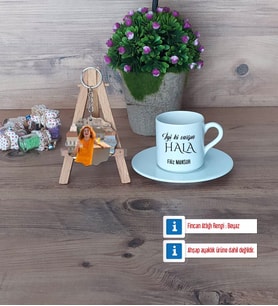 Halaya Hediye Türk Kahvesi Fincanı Ahşap Altlıklı ve Fotoğraflı Ahşap Anahtarlık Hediye (Model 2)