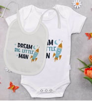 BK Kids Dream Big Little Man Tasarımlı Bebek Body Zıbın ve Mama Önlüğü Hediye Seti - Model 1