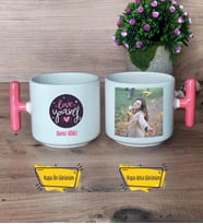 Love Your Self Kupa Bardak Fotoğraflı T Pembe Kulplu Arkadaşa Hediye, Anneye Hediye