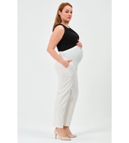 Busa Hamile Esnek Karın Bantlı Beli Ayarlı Klasik Mom Fit Pantolon Ekru