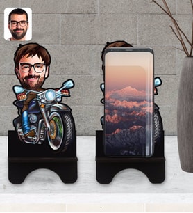 BK Gift Kişiye Özel Erkek Motorcu Karikatürlü Ahşap Biblo Telefon Standı-2