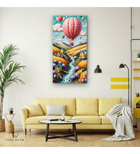 Dikey Panoramik Kanvas Tablo Uçan Balon Köy Doğa Manzara Tablosu Ev Ofis Duvar Dekoru