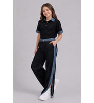 Kız Çocuk Polo Yaka Kol Uçları Jean Detaylı T-shirt Boydan Cıtcıt Yırtmaç Detayl