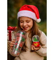 Trend YeniYıl Yılbaşı 2'li Hediye Seti Noel Geyikli Pipetli Suluk Çam Ağacı Temalı Işıklı Kar Küresi