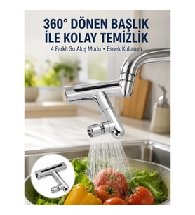 Mey İthalat® 360° Dönüşlü Su Akışı Başlığı 4'ü 1 Arada Kullanım Yeni Nesil