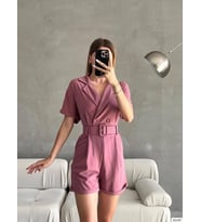 Kadın Dokuma Krep Kumaş Kemerli Şort Tulum (Renkli)