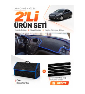 OPEL İNSİGNİA (2008-2013) Uyumlu Torpido Örtüsü + Deri Bagaj Çantası + Sticker Seti - Siyah Mavi