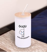 BK Gift Esprili Tasarım Beyaz Renk Pipetli Buzlu Cam Bardak 600ml - 11, Arkadaşa Hediye, Doğum Günü Hediyesi