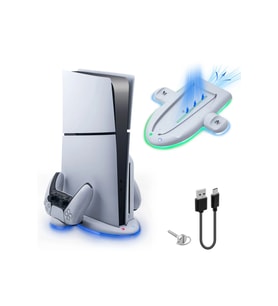 PS5 Slim & PS5 Slim Dijital Uyumlu RGB Işıklı Soğutucu Fanlı Şarj Standı DualSense 2’li Şarj Ünitesi (Beyaz)