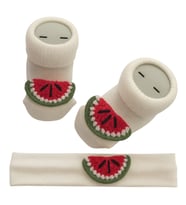 Hoşgeldin Bebek, Yenidoğan Kız Bebek, El Örgüsü Meyve Motifli Bandana ve Çorap  Hediye Seti (Kırmızı-Yeşil)