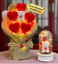 Kişiye Özel Led Işıklı Kalp Buketi ve Led Işıklı Fanus - Premium Hediye Seti (Model 3)