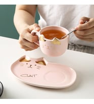 Sunum Tabaklı Kedi Tasarım Kupa Bardak (Pembe)