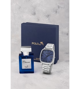 Polo Air Takvimli Dikdörtgen Kasa Hasır Metal Kordon Erkek Kol Saati Ve 55 ml Parfüm Gümüş Lacivert Renk ST-5022E2