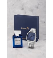 Polo Air Takvimli Dikdörtgen Kasa Hasır Metal Kordon Erkek Kol Saati Ve 55 ml Parfüm Gümüş Lacivert Renk ST-5022E2