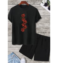 Rose Baskı Şort Takım (Siyah)