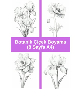 Botanik Çiçek Boyama Sayfaları 3, (8 Adet A4 Boyut).