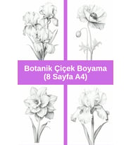 Botanik Çiçek Boyama Sayfaları 3, (8 Adet A4 Boyut).