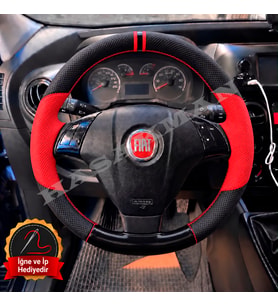 Fiat Punto Evo Dikme Direksiyon Kılıfı Parlak Siyah Kırmızı Detaylı Kırmızı Çift Yüzük ve Dikiş 2009-2012