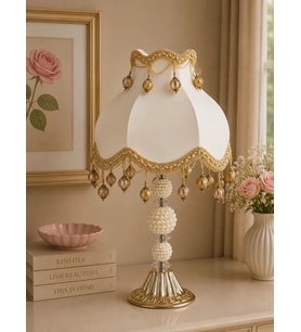 Ekru Kadife Gold İşlemeli Ponponlu Başlık İncili Gold Metal Ayaklı Klasik Model Abajur 50x30cm