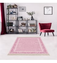 Nakış Desen Çerçeveli Dijital Baskı Yıkanabilir Kaymaz Taban Modern Salon Halısı ve Yolluk (Pembe)