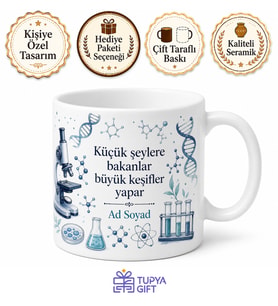 İsimli Mikroskop Desenli Baskılı Kupa Bardak Bilim Hediye