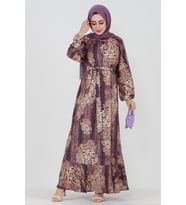 Varak Detaylı Şal Desenli Elbise-Mor