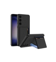 Samsung Galaxy S24 Uyumlu Suni Deri Arka Yüzey Zore Kartlıklı Kıpta Silikon Kapak (Karbon)