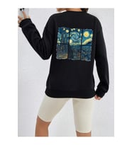 Unisex Vangogh Baskılı Tasarım Oversize Sweatshirt (Siyah)