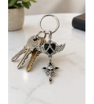 Gotik Kanatlı Kalp ve Kuru Kafa Figürlü Metal Anahtarlık Unisex