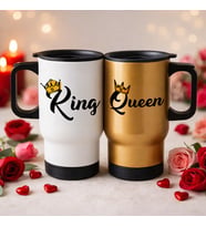 BK Gift Sevgili Çift Tasarımlı 2’li Kulplu Beyaz&Gold Çelik Termos Mug 450 ml -16, Sevgiliye Hediye, Sevgililer Günü Hediyesi