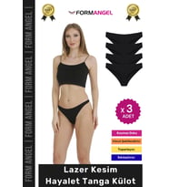 #Külot Lazer Kesim İz Yapmaz Dikişsiz Esnek Rahat Toparlayıcı Kadın Hayalet Tanga Külot - 3 Adet (Siyah)