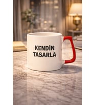 Kırmızı Kulplu Kişiye Özel Tasarım Kupa Bardak Kendin Tasarla! (Kırmızı-Beyaz)