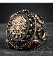925 Ayar Gümüş Osmanlı Devlet Armalı Türk Motifli Erkek Yüzük