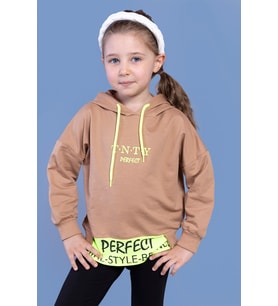 Toontoy Kız Çocuk  Kapüşonlu Garni Detaylı Baskılı Sweatshirt (Kahverengi)