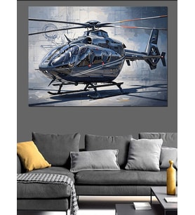 Gökyüzünde Süzülen Modern Gri Helikopter Dekoratif Kanvas - Mdf Ahşap Tablo