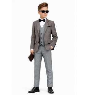 Erkek Çocuk Slim Fit Dokulu Çizgili Spor Takım Elbise AK195-196 (Gri)